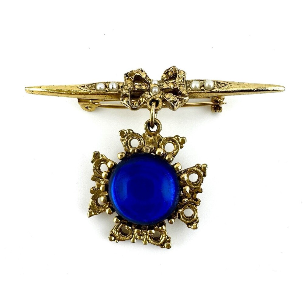 Vintage Gold Tone Cobalt Blue Glass Dangle Brooch Faux Pearl Bar Pin 2.25”
